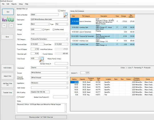 VinNOW software screen capture - bulk wine details.
