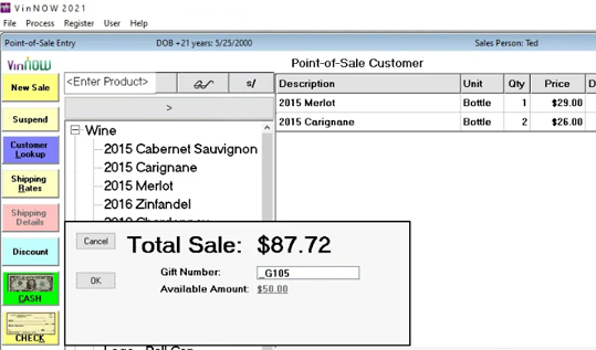 VinNOW software screen shot applying gift card to purchase.