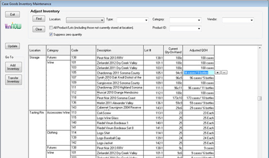 VinNOW screen capture listing inventory locations.