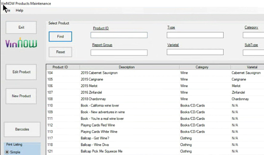 VinNOW screen capture with inventory module in use.
