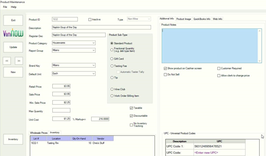VinNOW software screen capture illustrating product tracking.