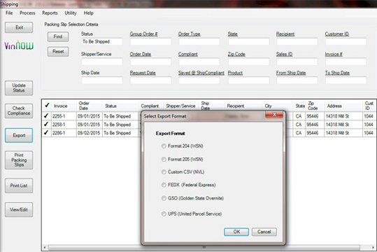 VinNOW software screen capture with shipping information.