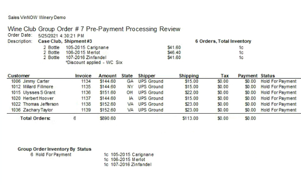 VinNOW software screen capture of case shipment.