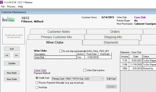 VinNOW screen capture of wine club member's records.